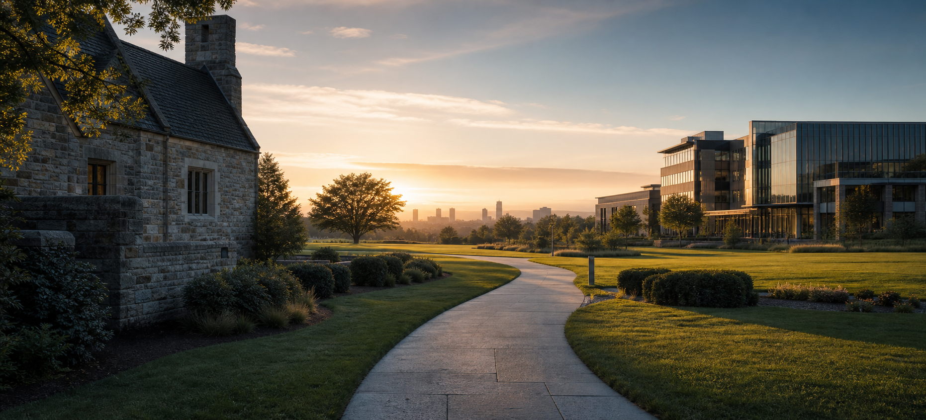 An enduring stone estate and modern business campus connected by a path toward the horizon